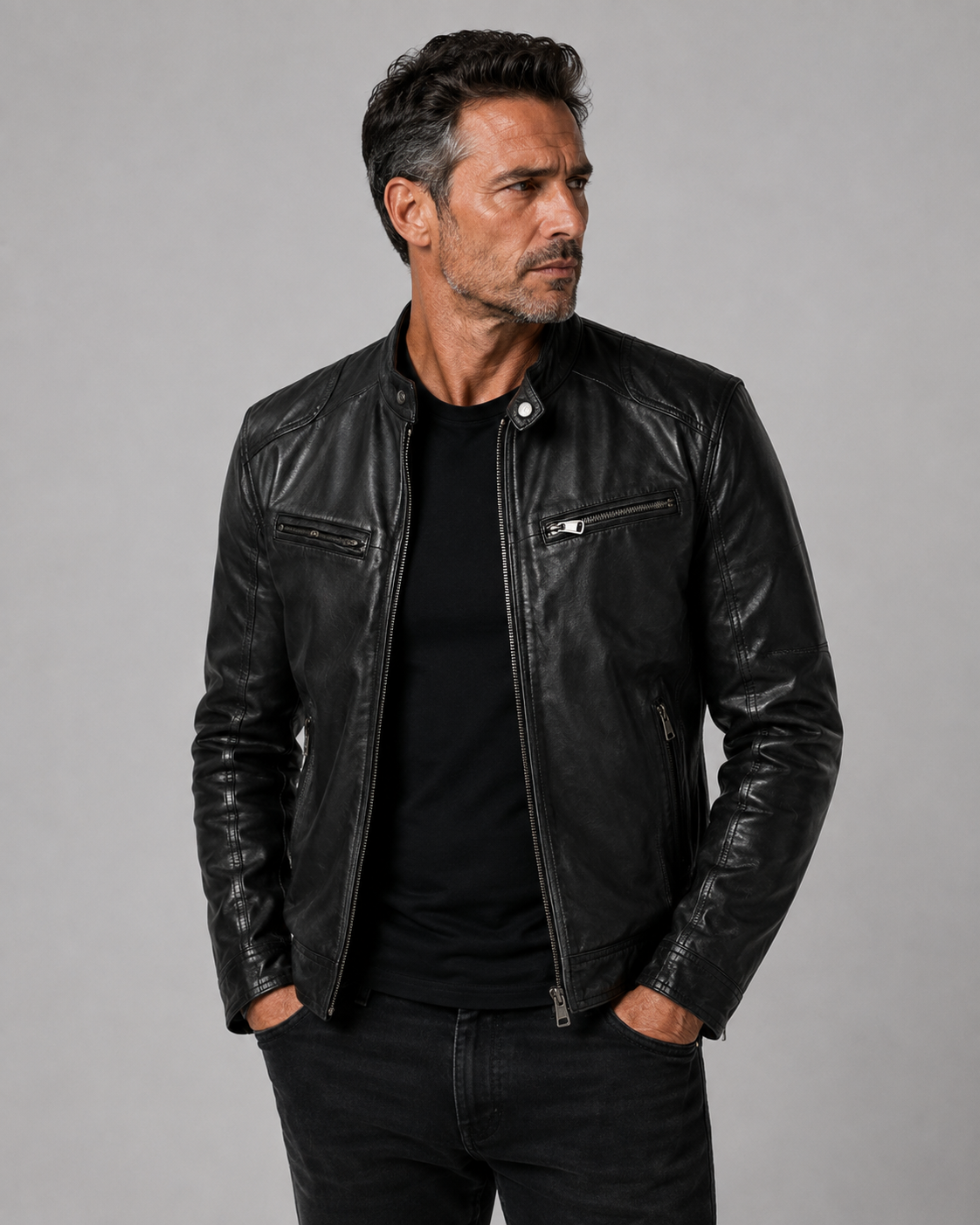 Men's Fitted Leather Jacket with Zip Closure