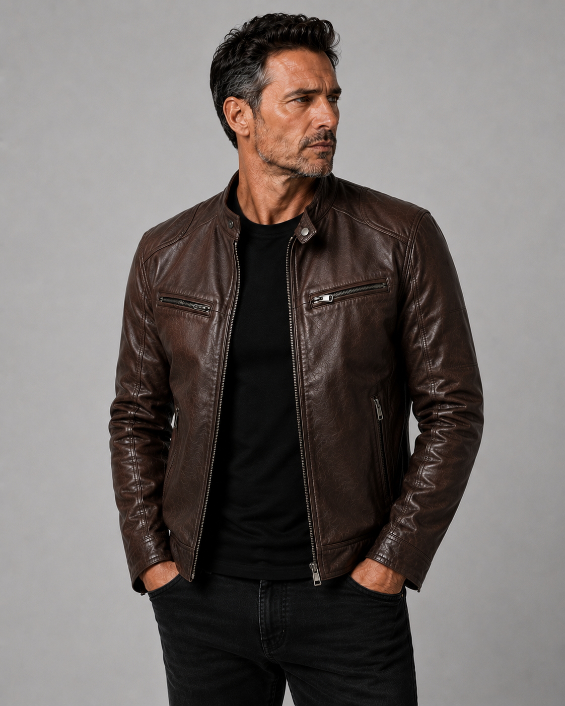 Men's Fitted Leather Jacket with Zip Closure