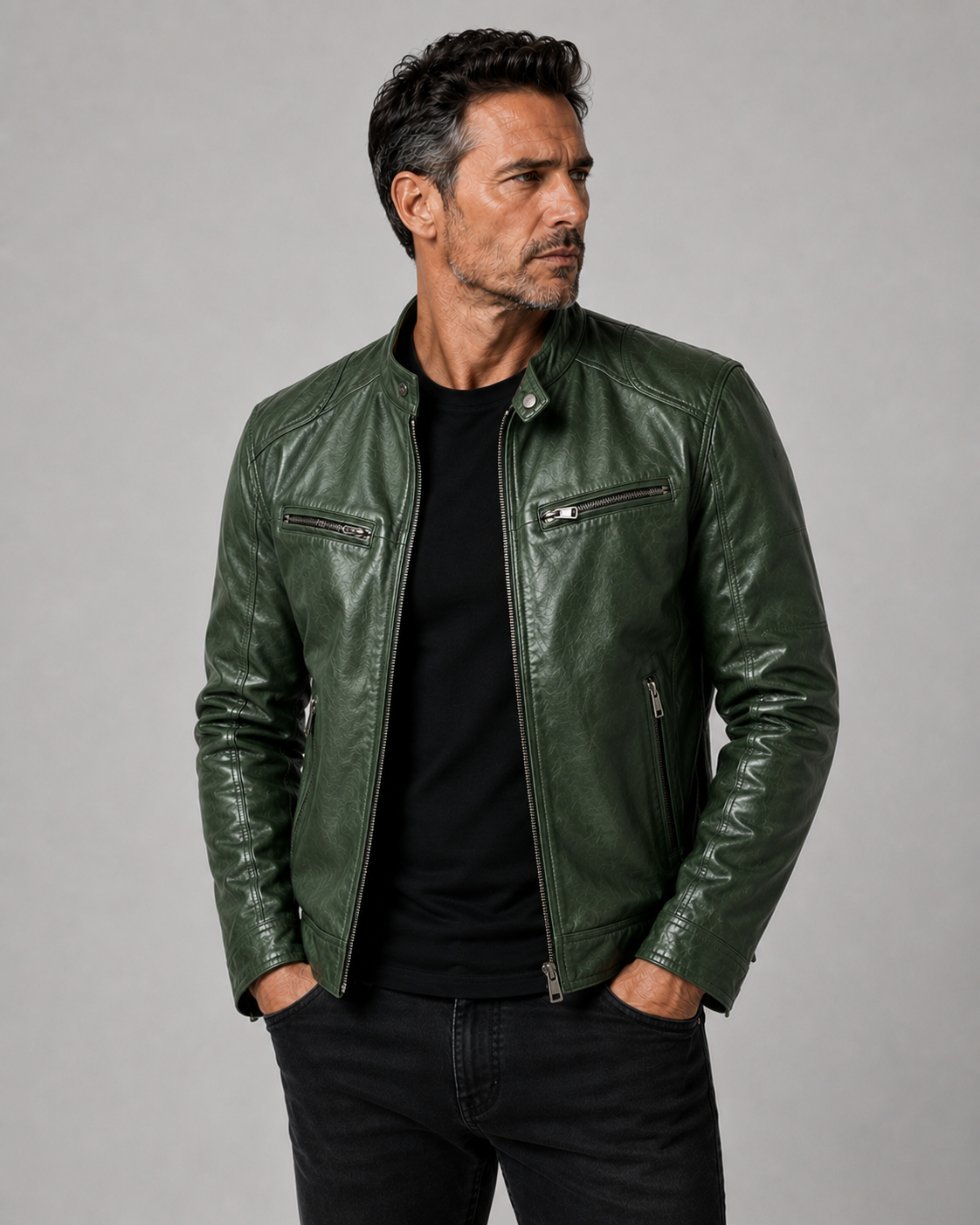 Men's Fitted Leather Jacket with Zip Closure