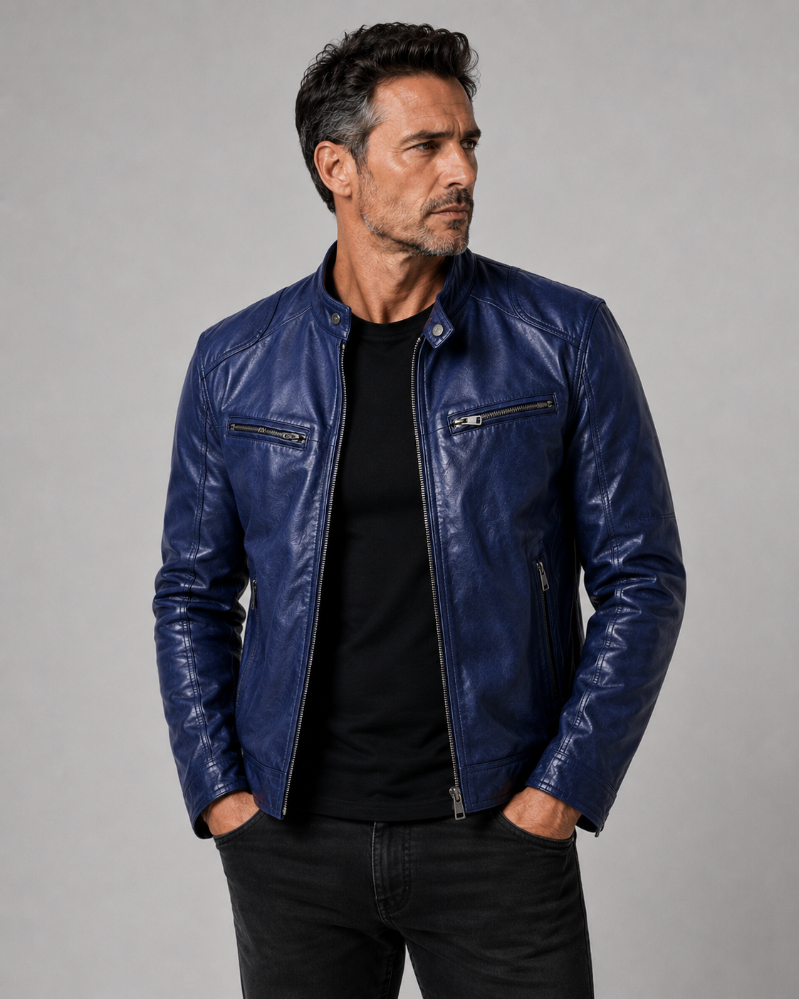 Men's Fitted Leather Jacket with Zip Closure
