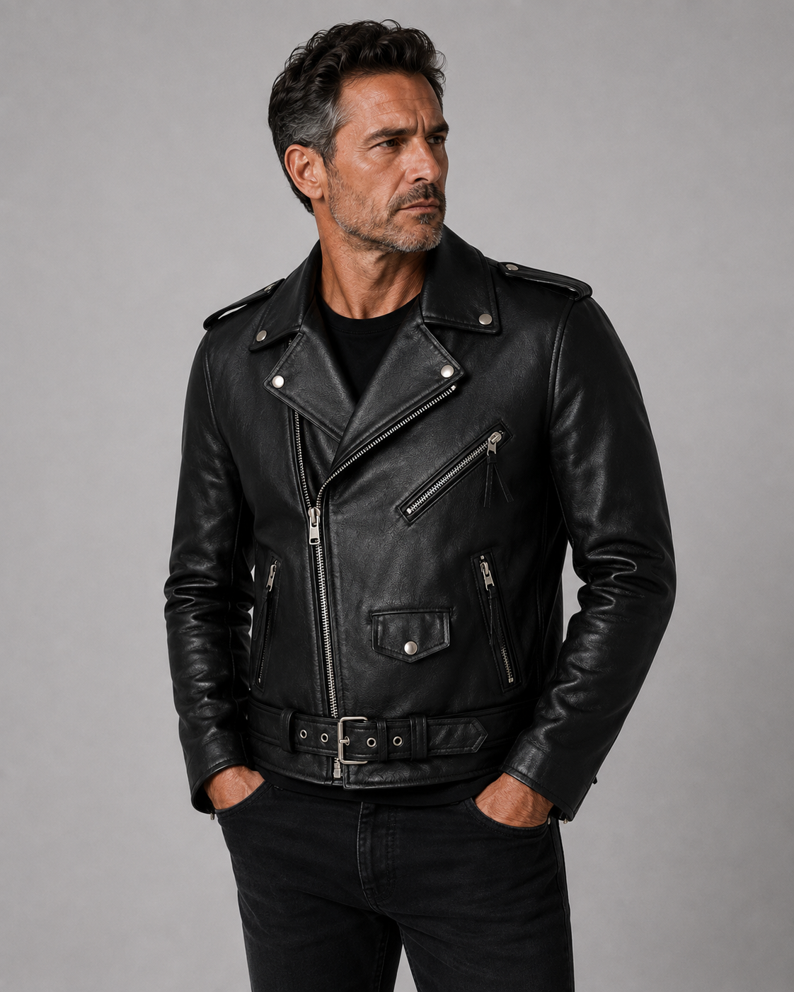 Men's Biker Leather Jacket with Zip Closure