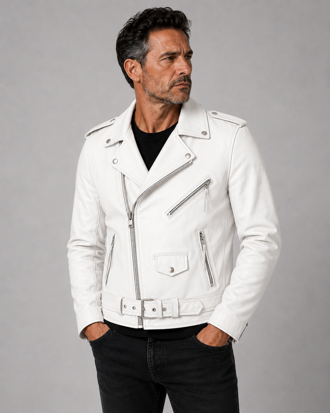 Men's Biker Leather Jacket with Zip Closure