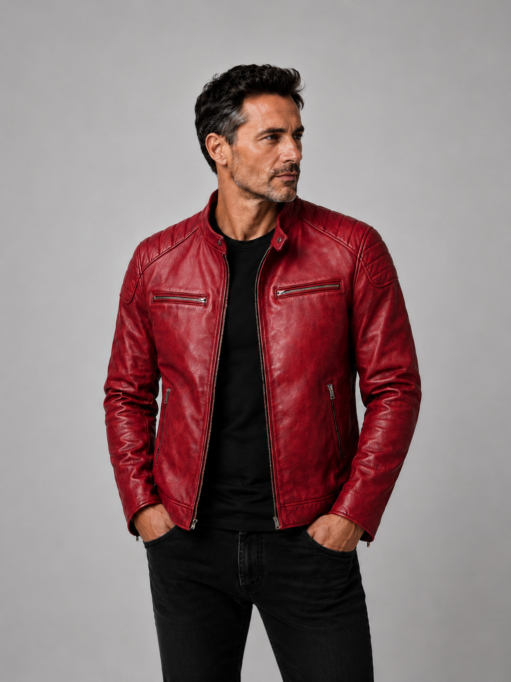 Men's Structured Leather Jacket with Zip Closure