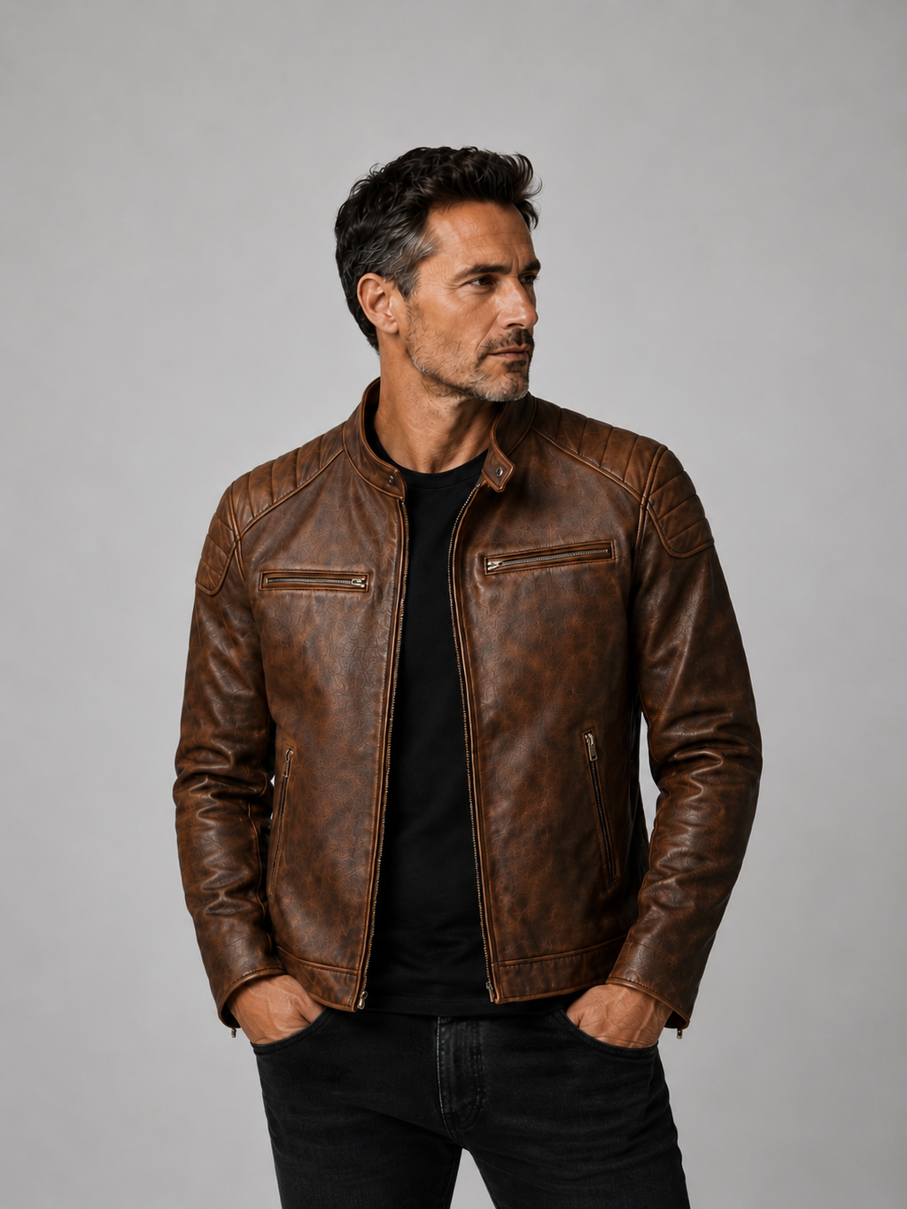 Men's Structured Leather Jacket with Zip Closure
