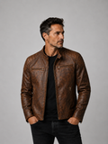 Men's Structured Leather Jacket with Zip Closure