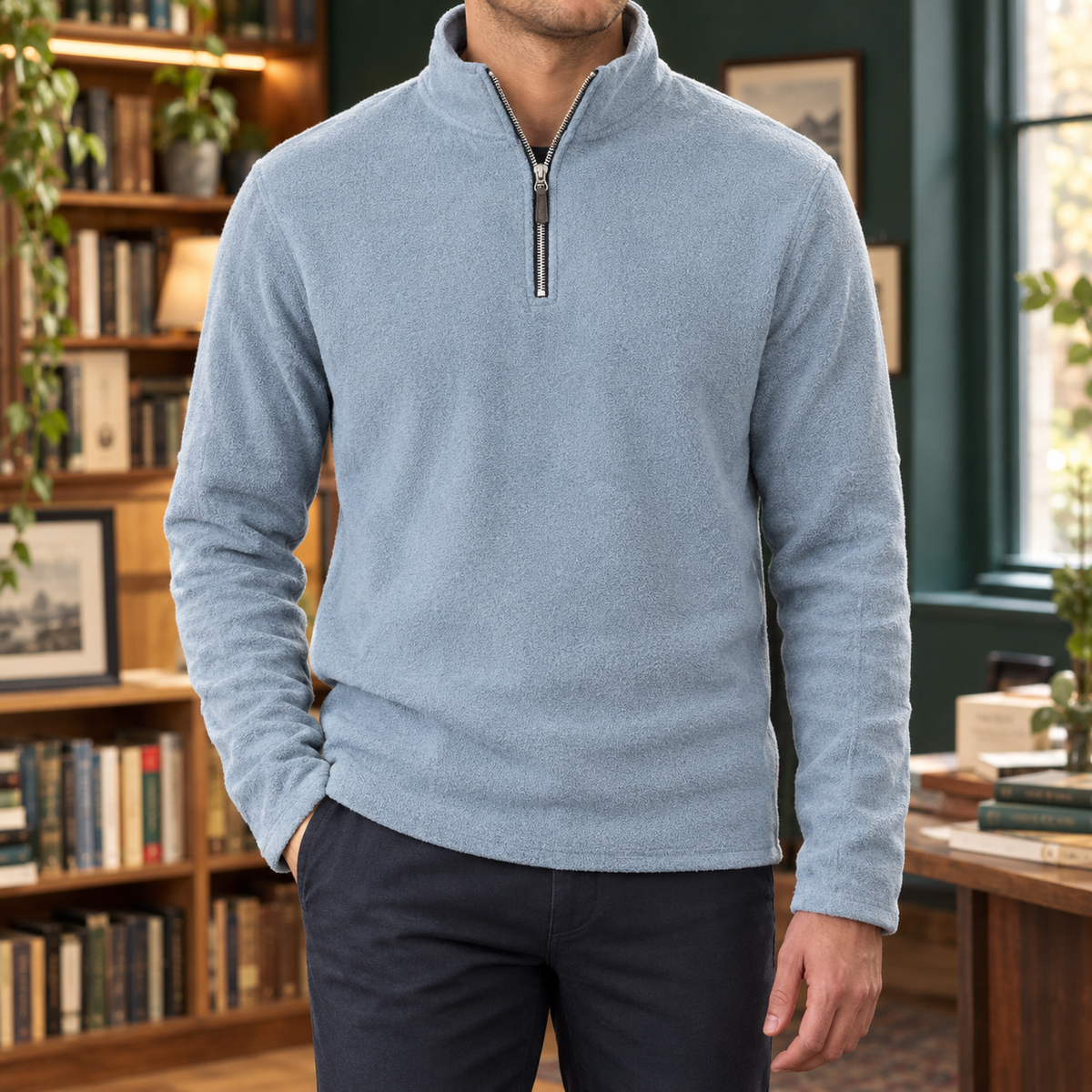Man wearing a gray quarter-zip fleece jumper