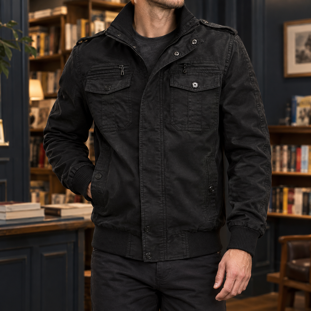 Men's black cotton-blend utility jacket with stand collar and chest pockets