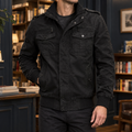 Men's black cotton-blend utility jacket with stand collar and chest pockets