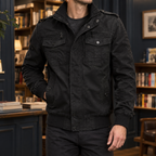 Men's black cotton-blend utility jacket with stand collar and chest pockets
