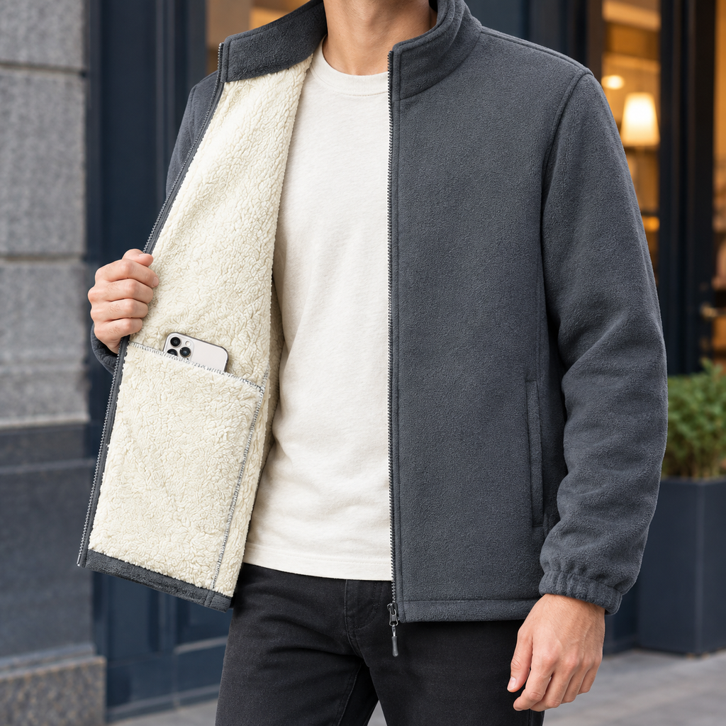Grey men's fleece jacket with stand collar