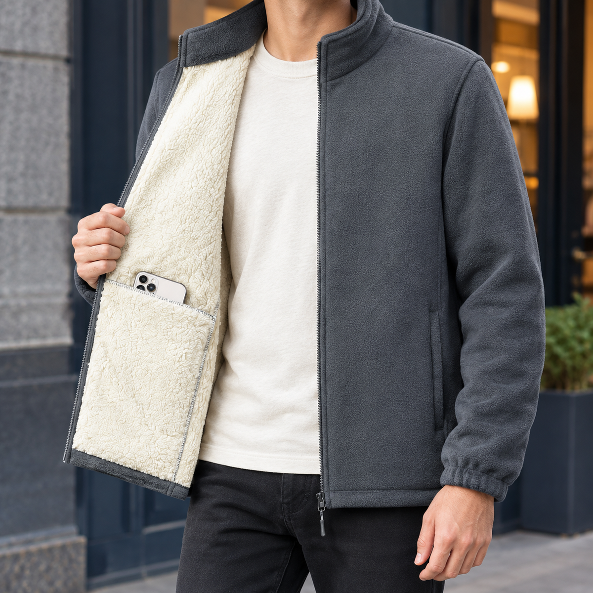 Grey men's fleece jacket with stand collar