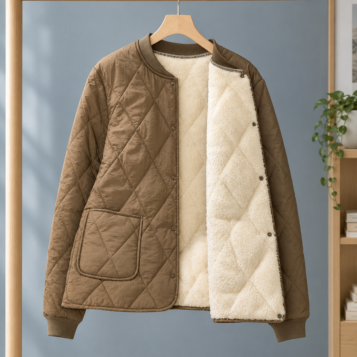 Men's brown quilted jacket with snap-button front