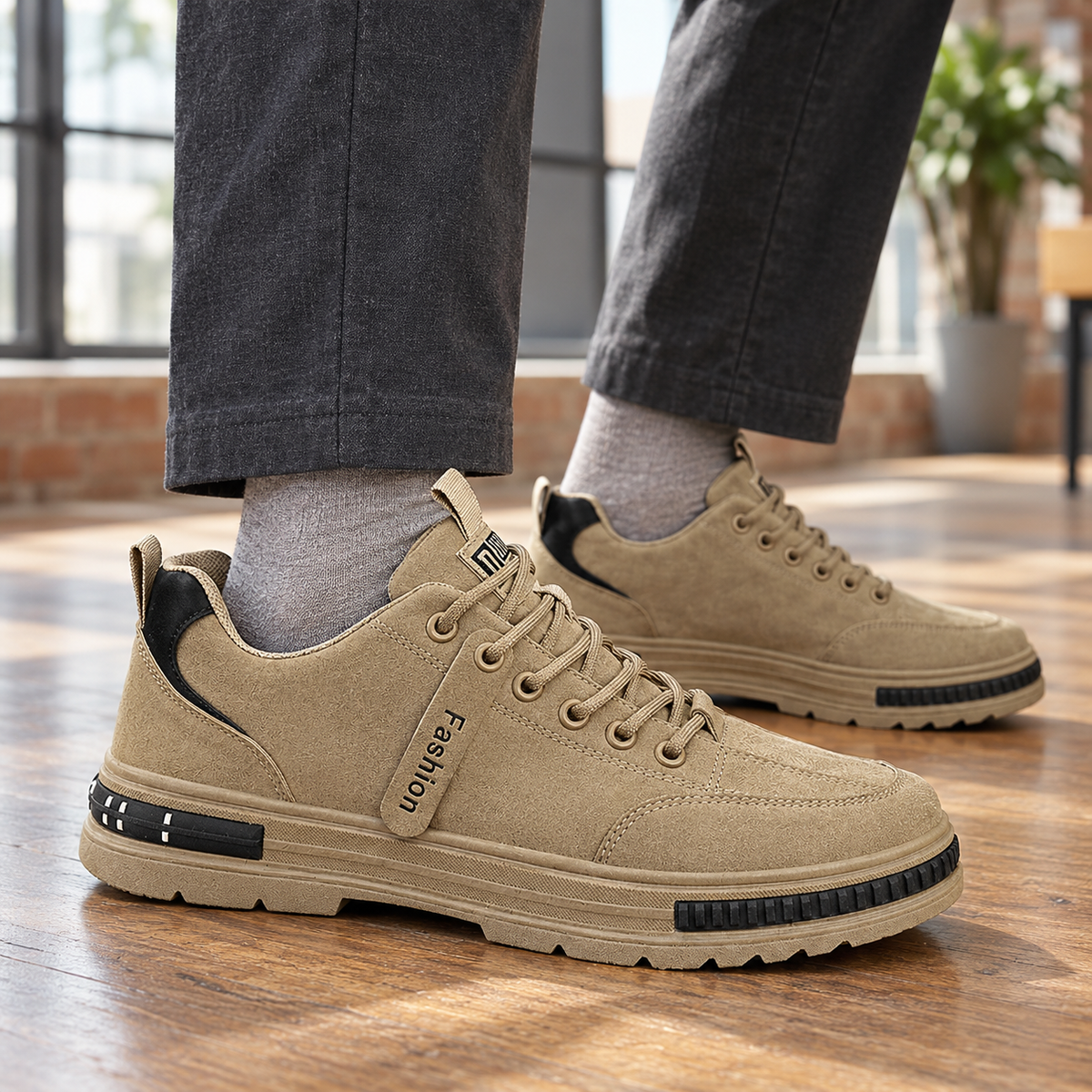 Men's black leather-look platform trainers