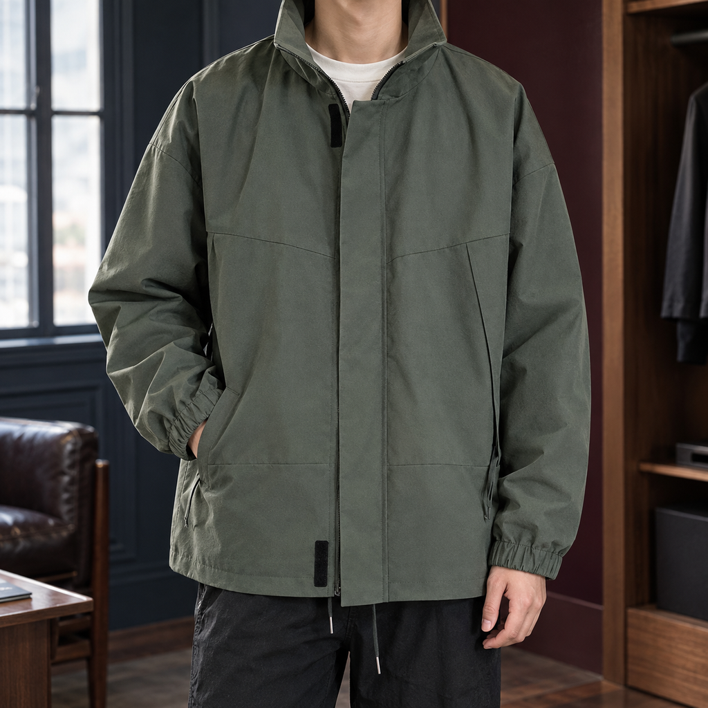 Men's black stand collar zip jacket with covered zip