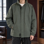 Men's black stand collar zip jacket with covered zip