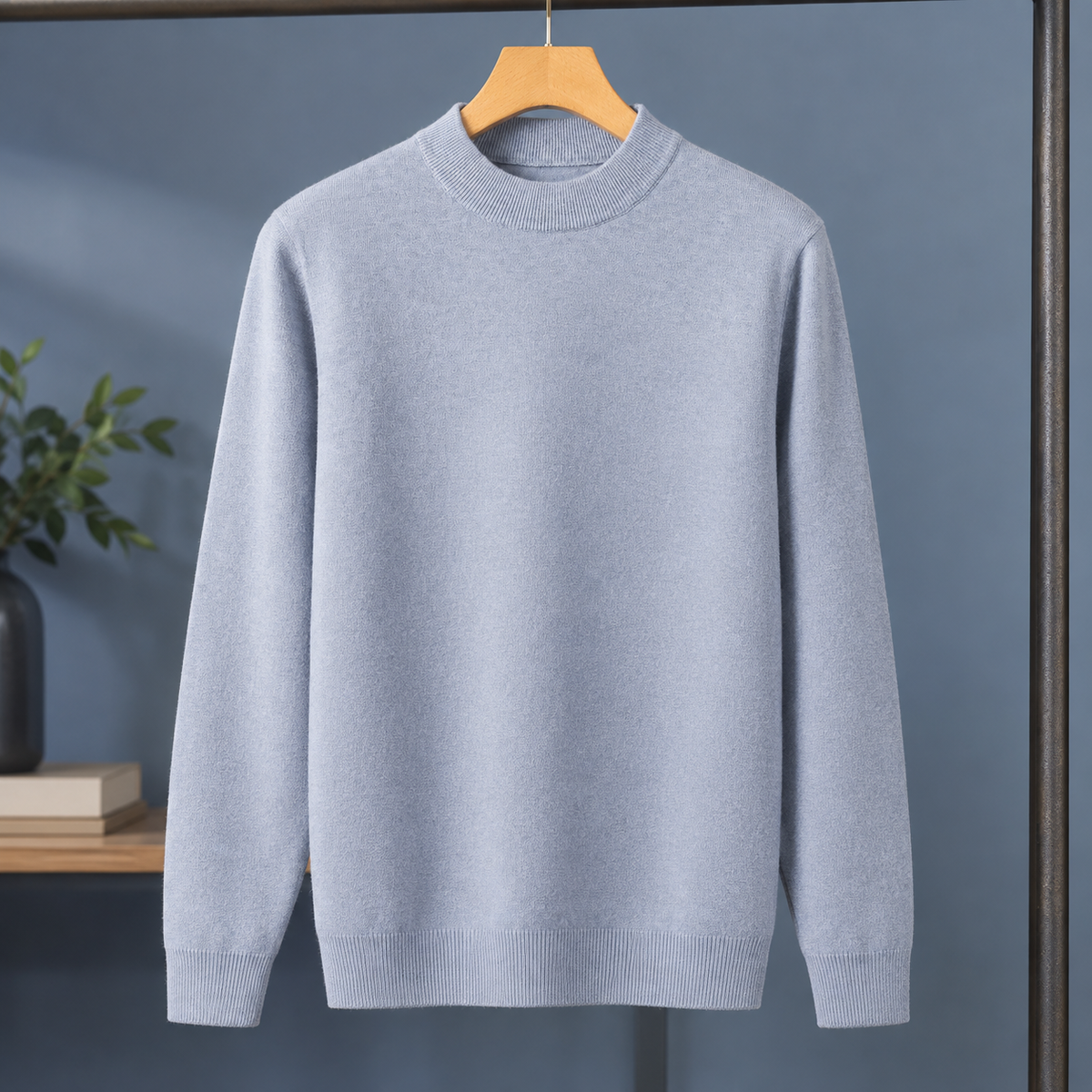 Man wearing a black wool blend mock neck jumper