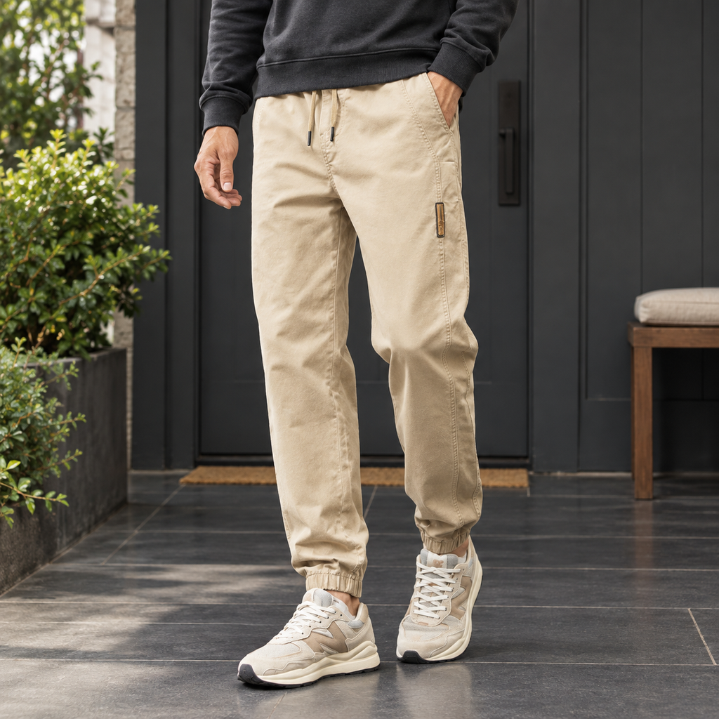 Men's khaki relaxed tapered trousers with drawstring waist