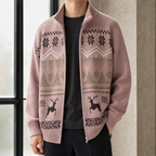 Men's brown Fair Isle jacquard knit jacket with stand collar