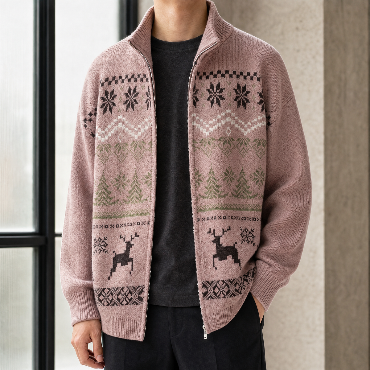 Men's brown Fair Isle jacquard knit jacket with stand collar