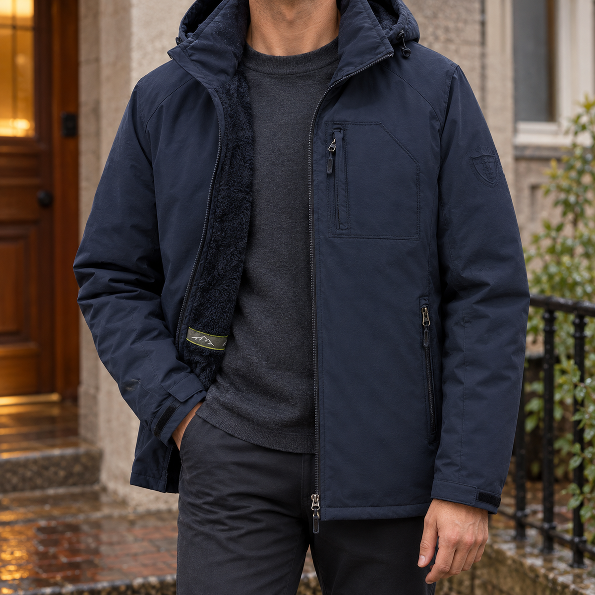 Men's khaki hooded fleece lined jacket with zip pockets