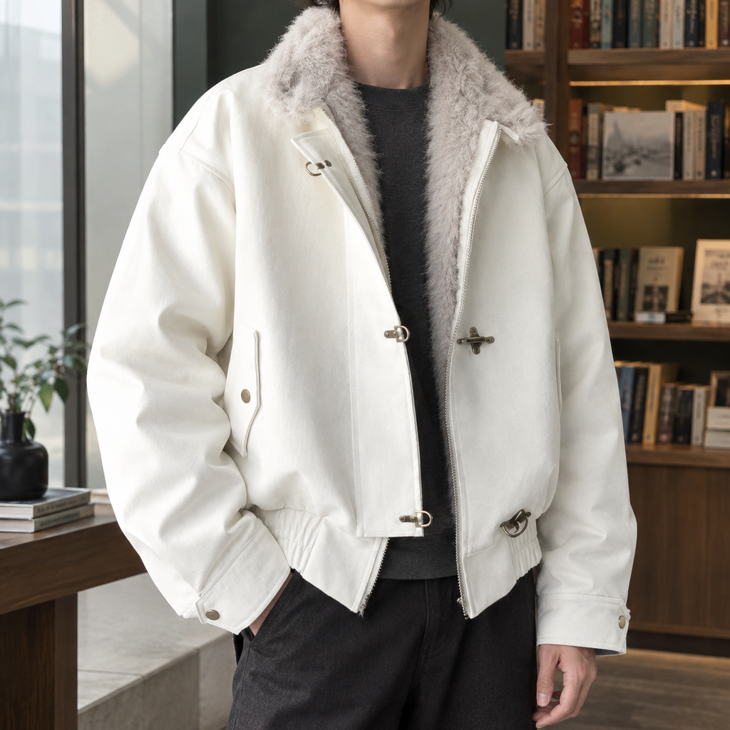 Men's black toggle jacket with oversized collar
