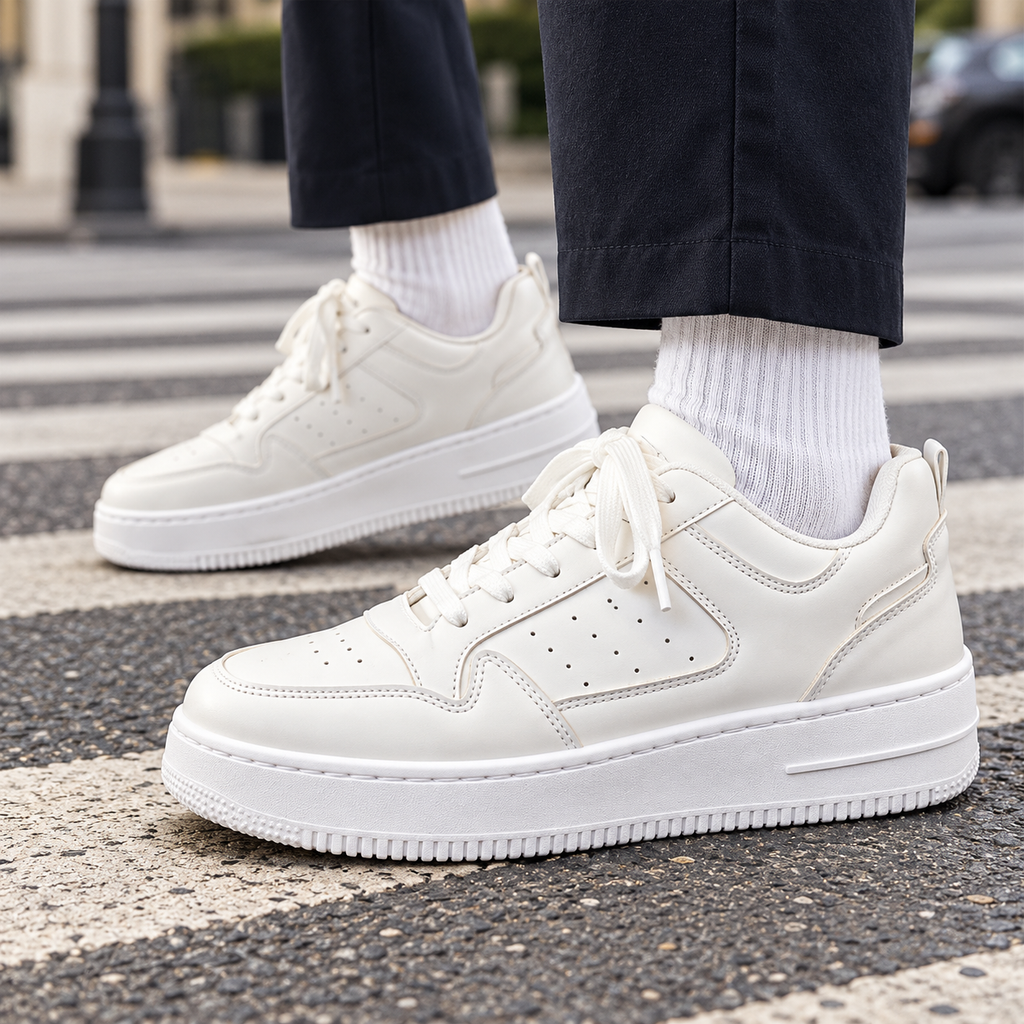 Men's white platform trainers with perforated panels
