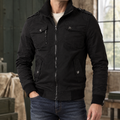 Men's black utility jacket with ribbed collar and trims
