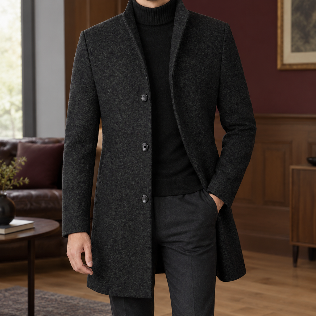 Men's black wool blend single breasted overcoat