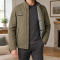 Men's olive green stand collar jacket with zip front