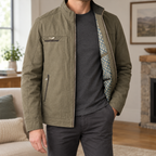 Men's olive green stand collar jacket with zip front