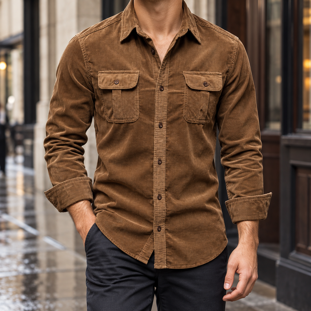 Men's corduroy overshirt in dark brown with chest pockets