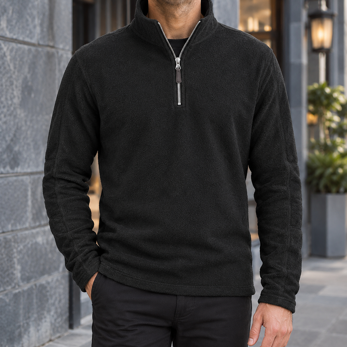 Men's black fleece quarter zip pullover with stand collar
