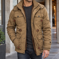 Men's khaki utility jacket with detachable hood