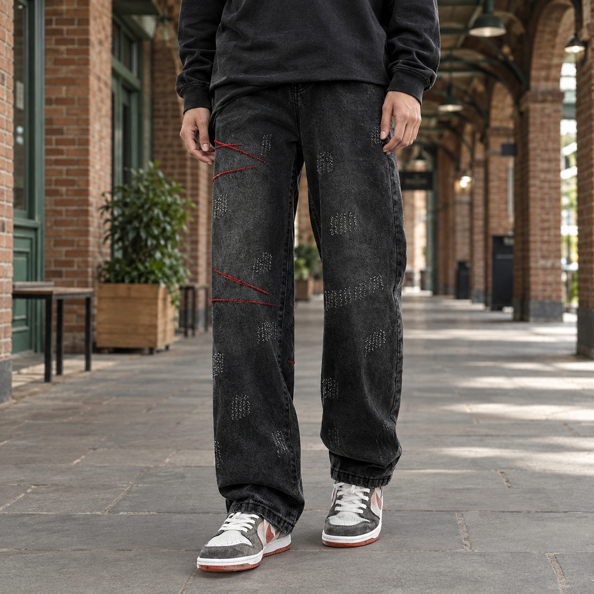 Men's black distressed straight leg jeans