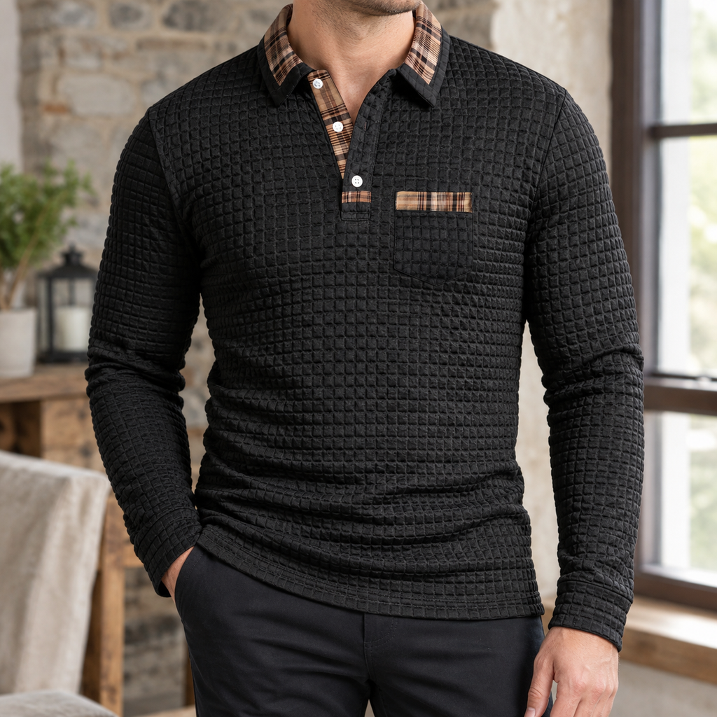 Grey waffle knit long sleeve polo shirt for men