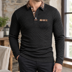 Grey waffle knit long sleeve polo shirt for men