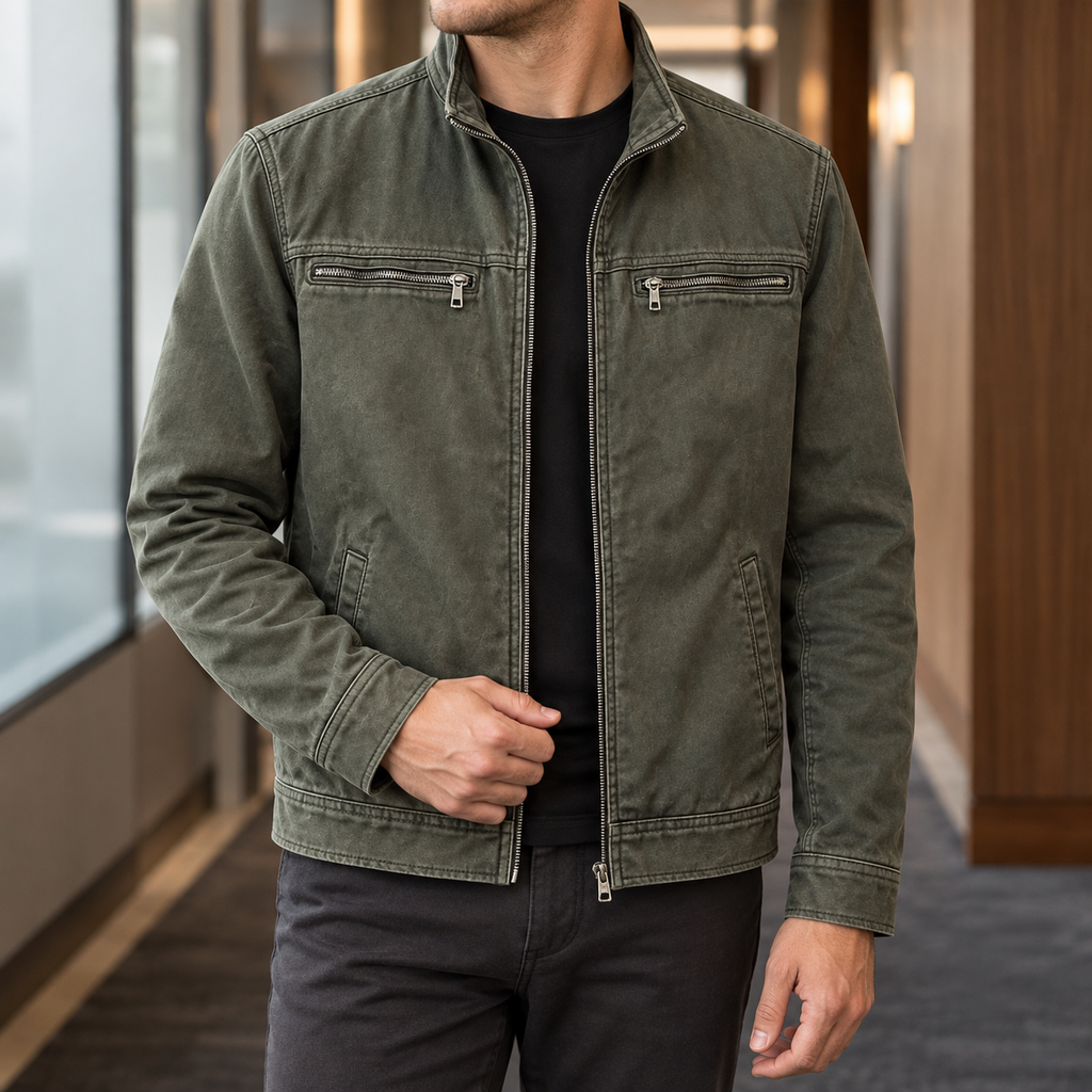 Men's black washed cotton utility jacket with four front pockets