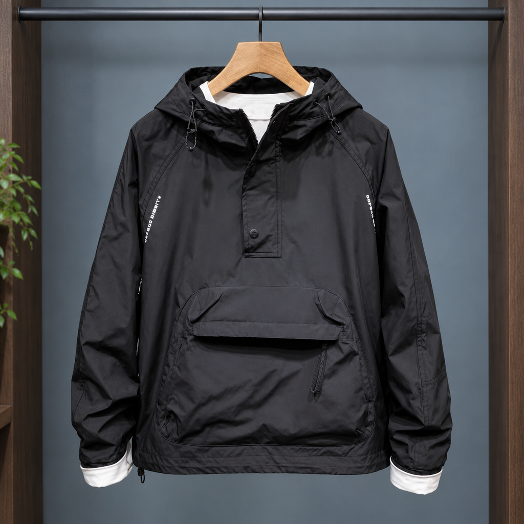 Black men's hooded pullover jacket with front pocket