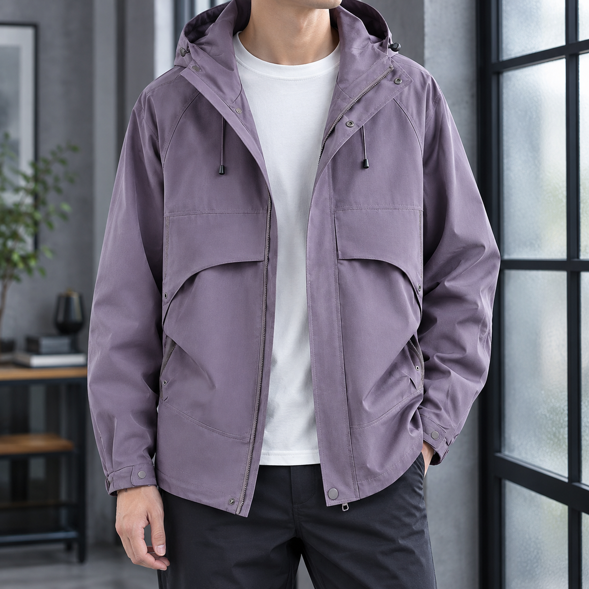 Man wearing a black hooded utility jacket