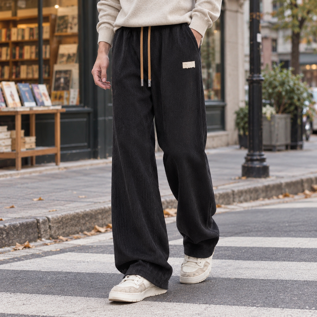 Men's corduroy wide leg trousers in black with drawstring waist