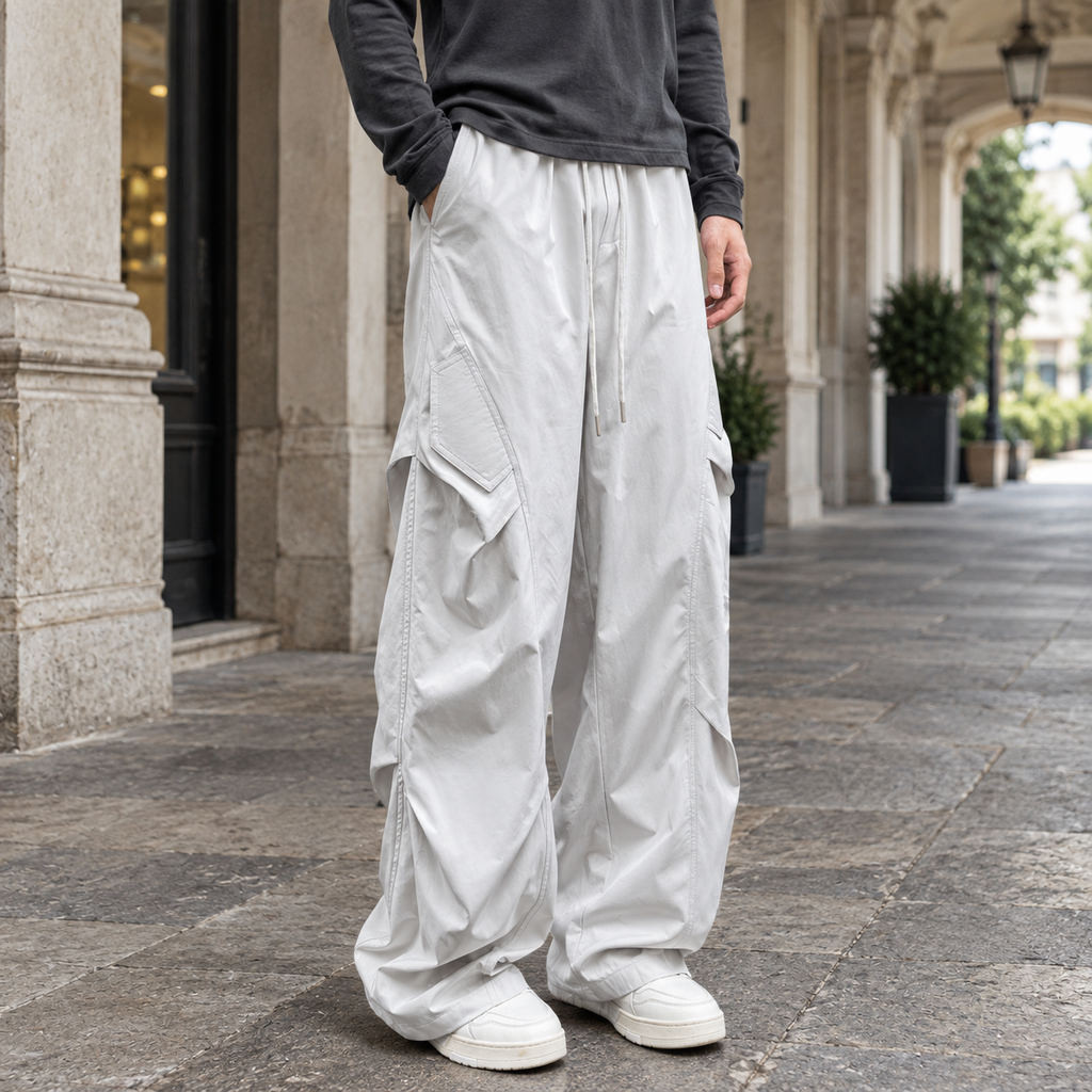 Men's black wide leg cargo trousers with drawstring waist
