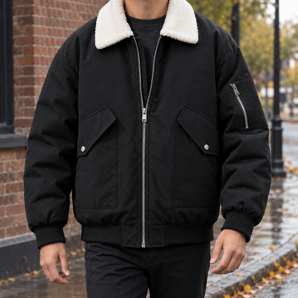 Men's black aviator jacket with textured contrast collar