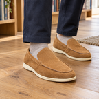Men's tan suede loafers with wedge sole