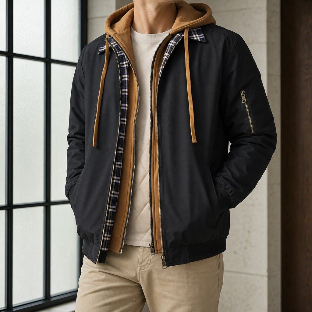 Men's black quilted jacket with drawstring hood