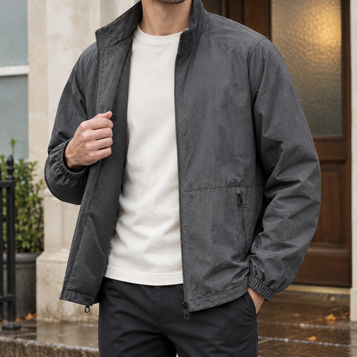 Men's dark gray stand collar jacket with mesh lining