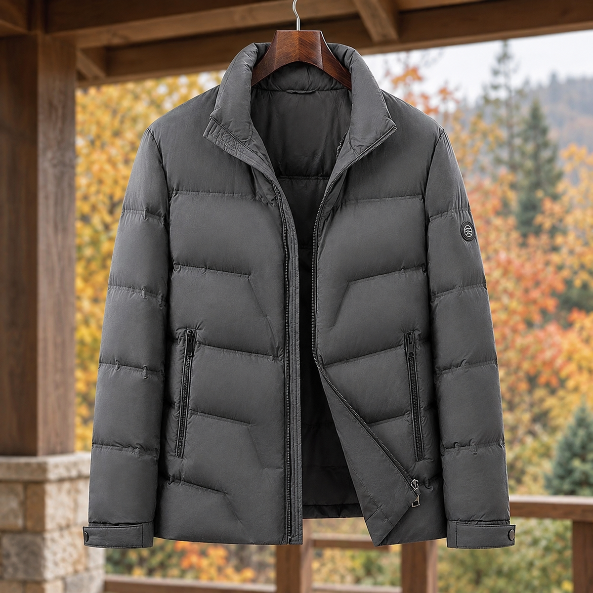 Men's black duck down puffer jacket with stand collar