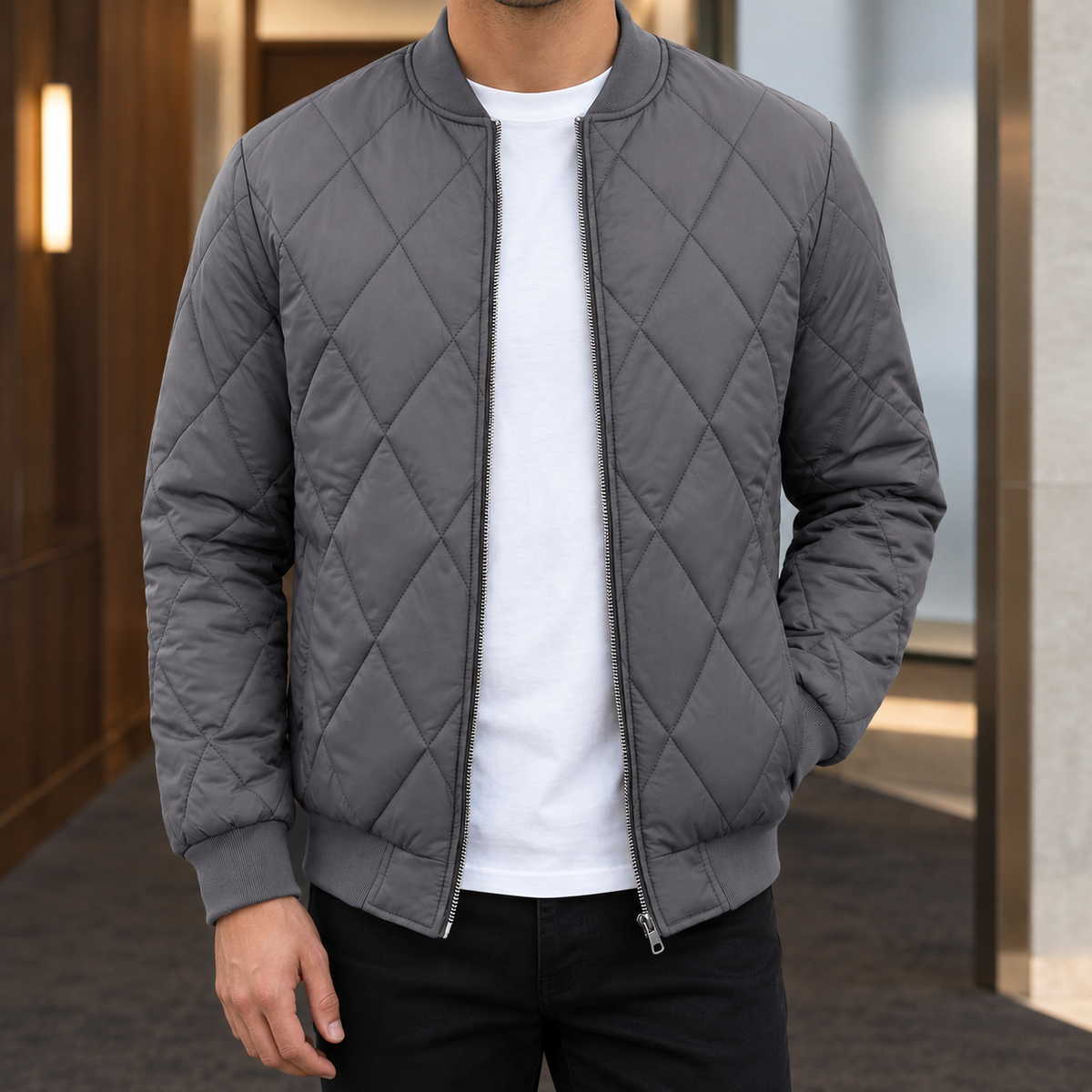 Men's grey quilted bomber jacket with ribbed collar