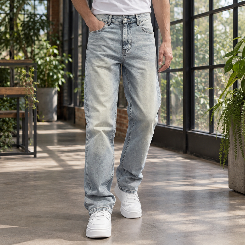 Men's blue loose straight leg washed jeans