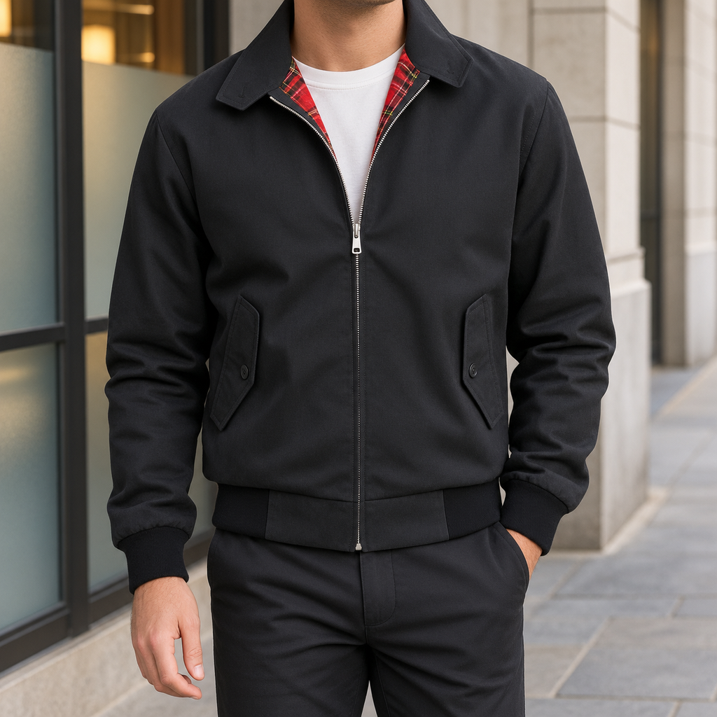 Men's black Harrington jacket with ribbed cuffs and tartan lining