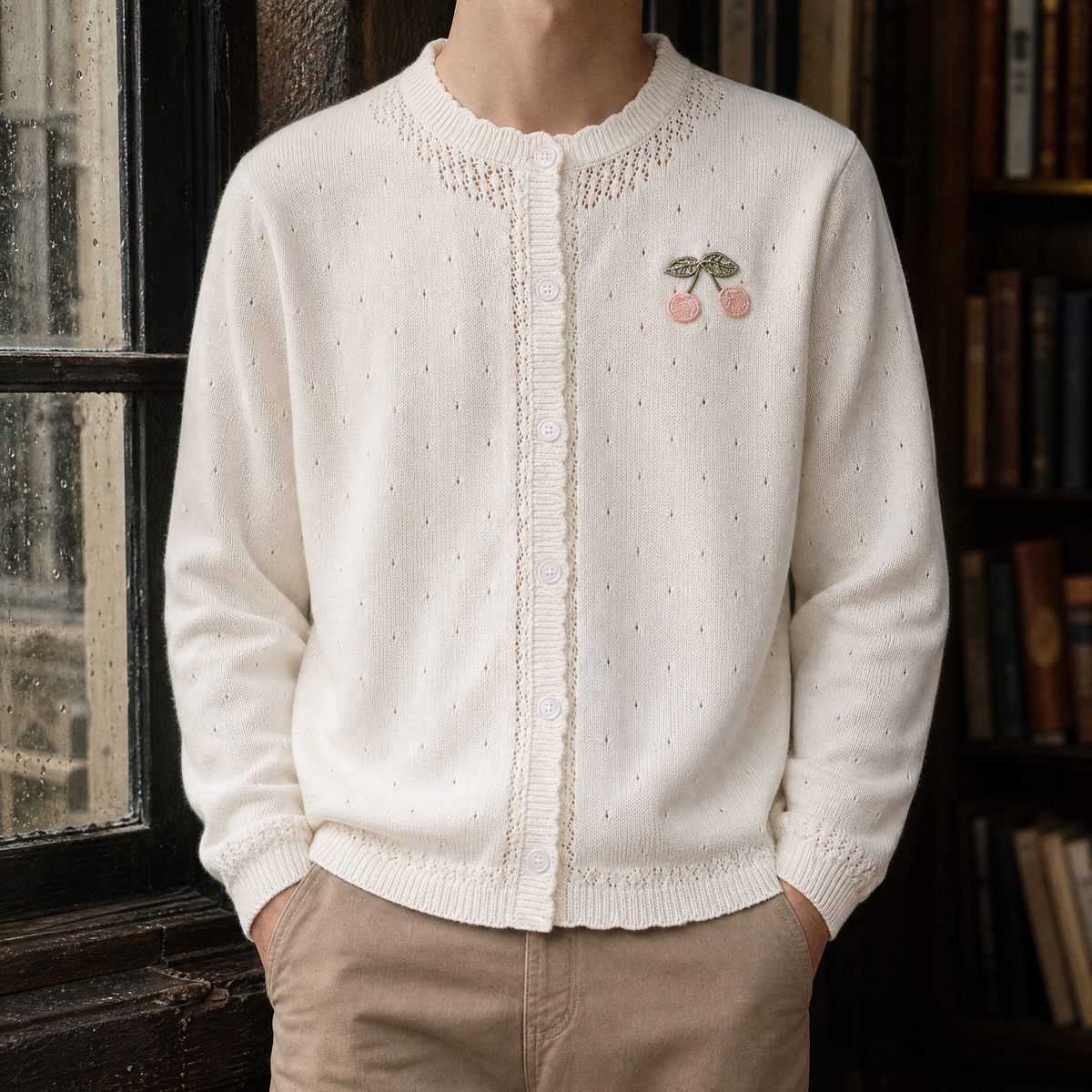 Men's ivory pointelle knit cardigan with button front